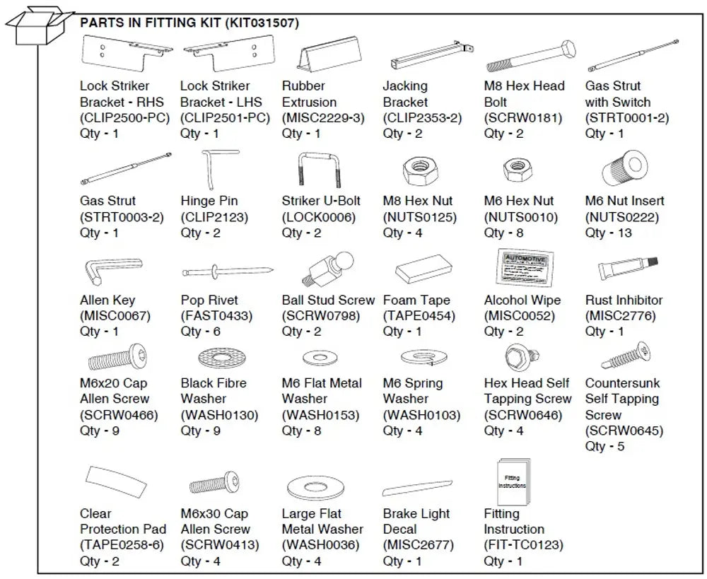 Hardware Fitting Kit inc. Gas Struts - Holden VE 3P Remote Holden Commodore VE 2006-2013