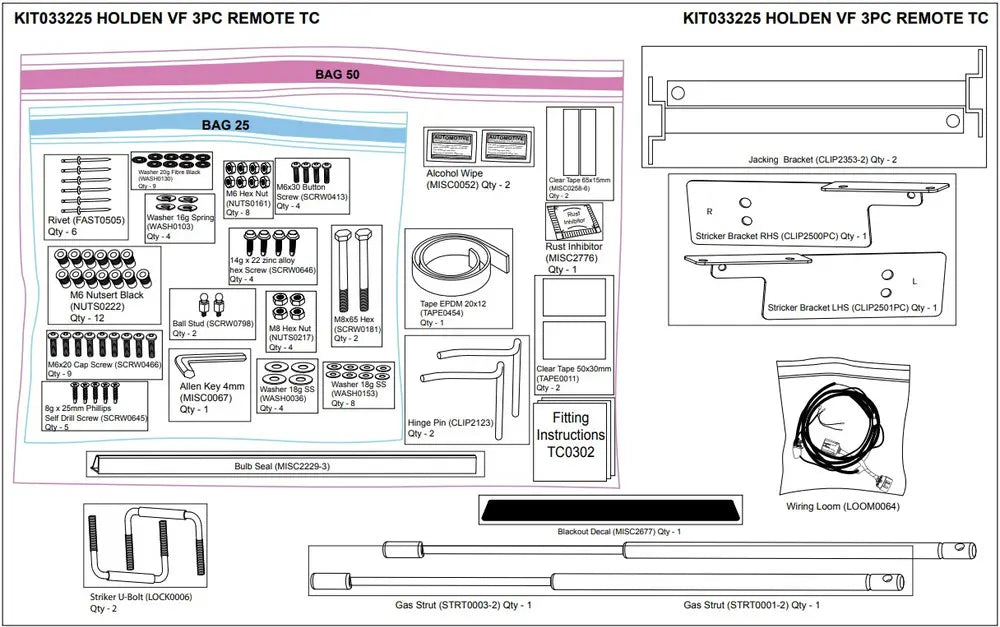 Hardware Fitting Kit inc. Gas Struts - Holden VF 3P Remote Holden Commodore VF 2013-2017