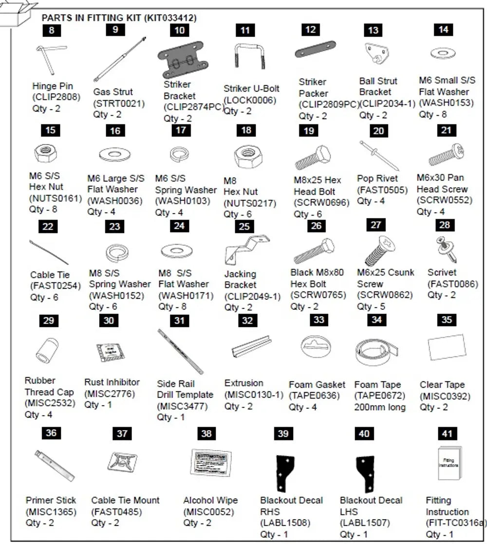 Hardware Fitting Kit inc. Gas Struts - Holden Colorado RG 3P 2012- Holden Colorado RG 2012-2016