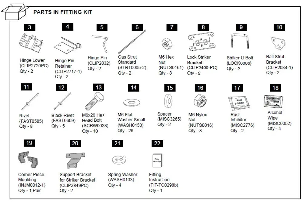 Hardware Fitting Kit inc. Gas Struts - Mazda BT50 1P 2011-20 Mazda BT-50 2018-2019
