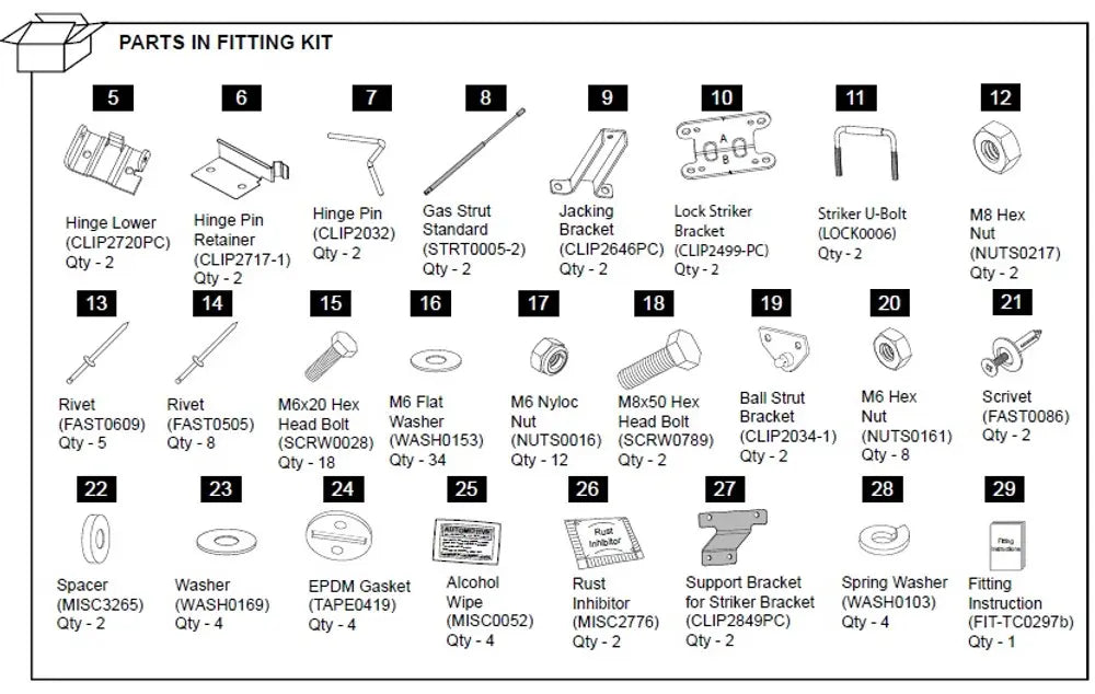 Hardware Fitting Kit inc. Gas Struts - Mazda BT50 3P 2011-20 Mazda BT-50 2018-2019