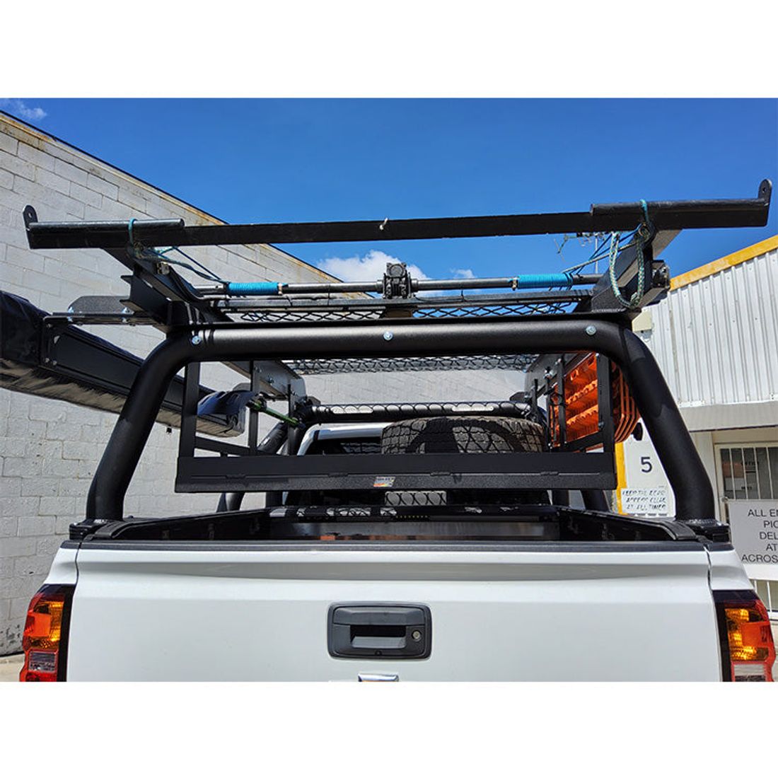 “Custom Made” Black 100mm Style Racks with Awning brackets, Spare Wheel Carrier, Maxtrax Mounts, Boat Loader Frame to suit Chev Silverado
