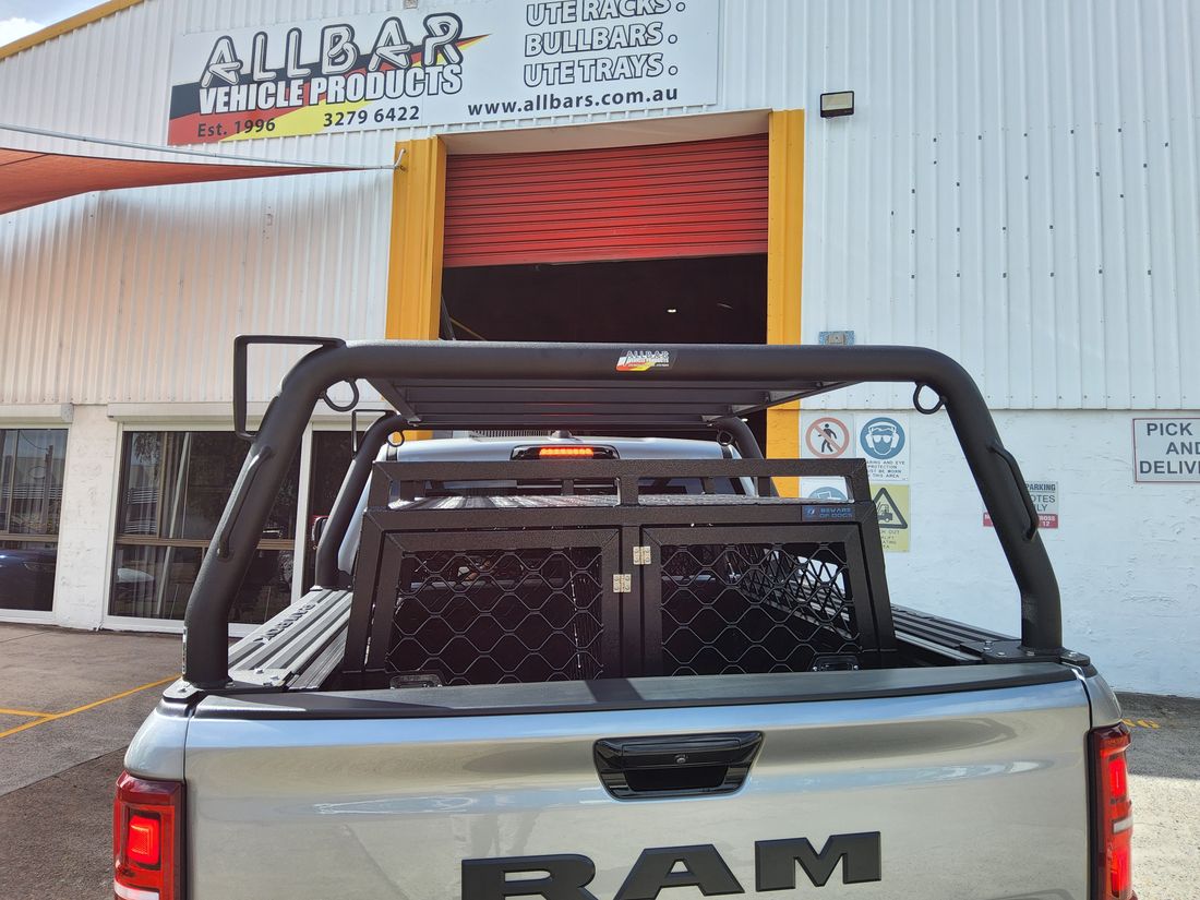 Textured Alloy Black 76mm Fixed Style Racks with welded Tie Downs, Grab Handles & Awning Brackets & Platform Rack to suit Ram