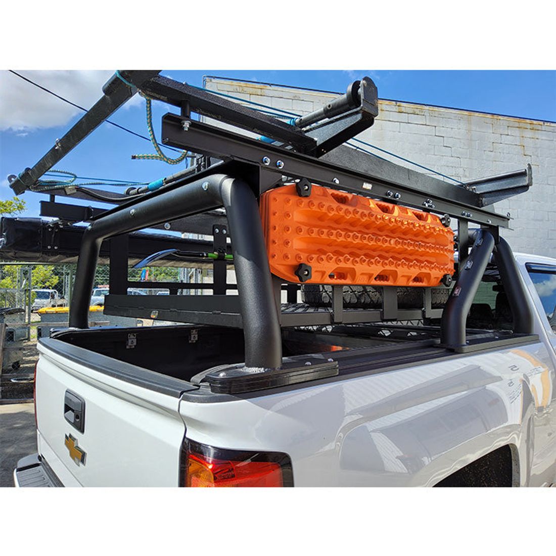 “Custom Made” Black 100mm Style Racks with Awning brackets, Spare Wheel Carrier, Maxtrax Mounts, Boat Loader Frame to suit Chev Silverado