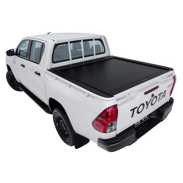 Toyota Hilux SR fitted with roller shutter, offering secure tub coverage, weather-resistant protection, and compatibility with racks and accessories.