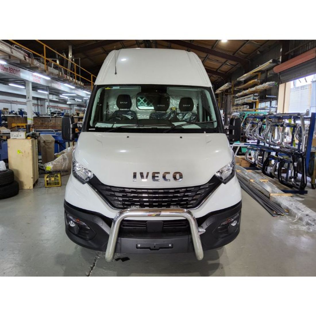 Polished 76mm Nudgebar with Aerial and Spot Light Tabs to suit 2022 Iveco Daily 50C