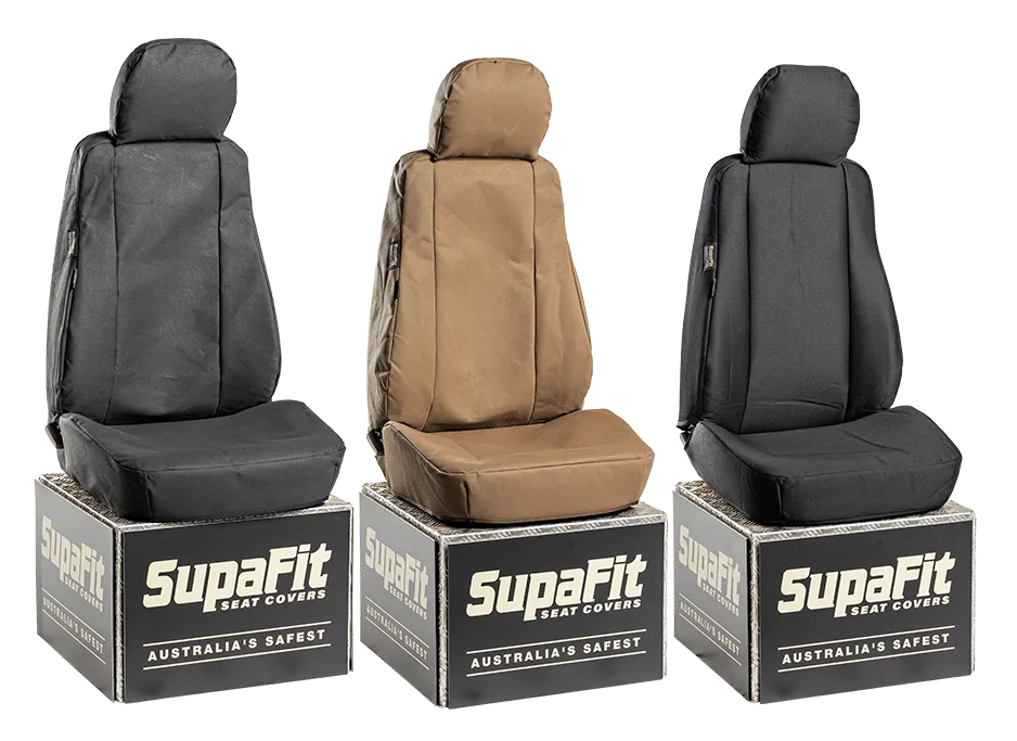 Three genuine SupaFit seat cover styles displayed on branded boxes