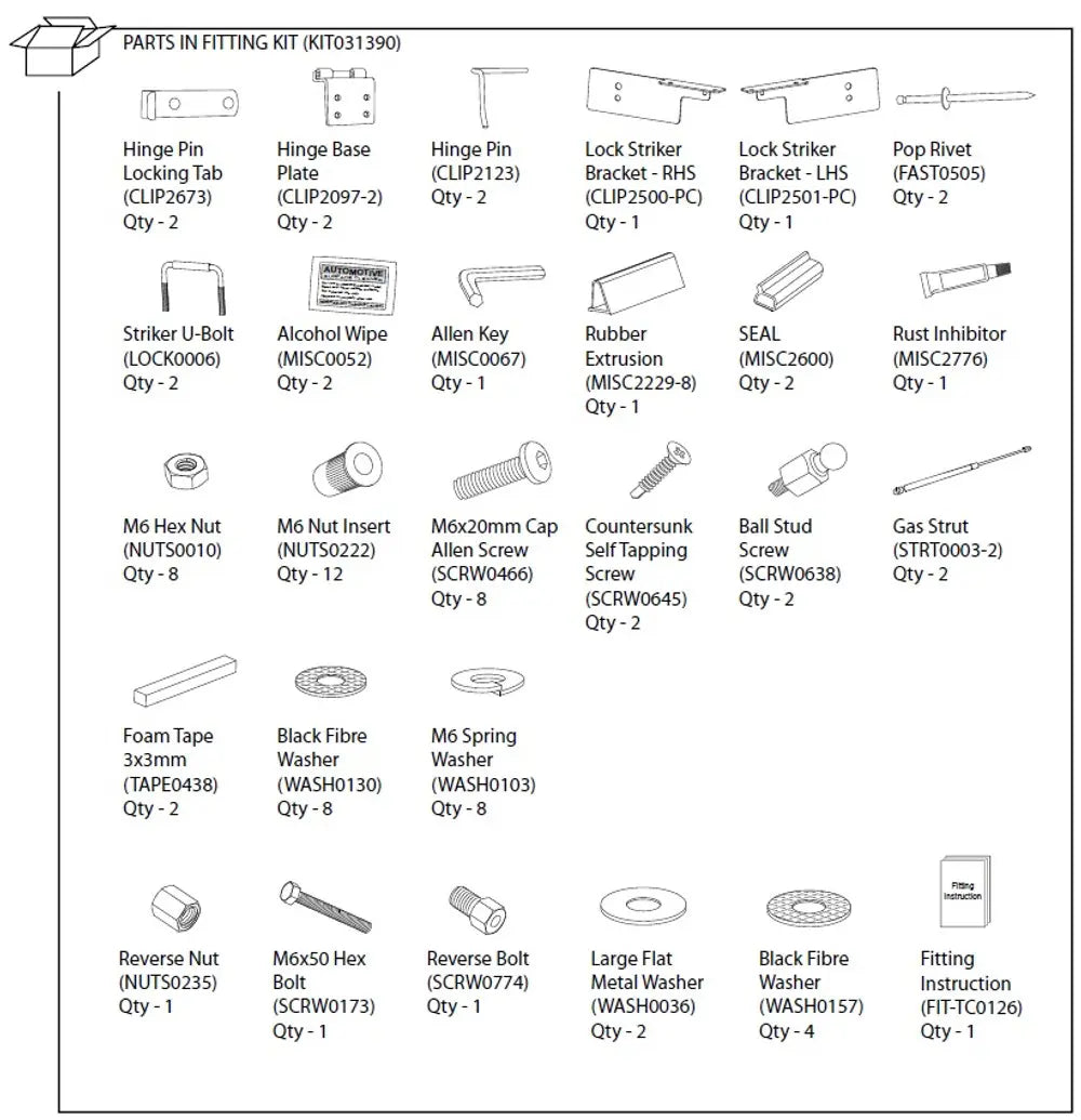 Hardware Fitting Kit inc. Gas Struts - Holden VE/VF 1P Non-Remote  Holden Commodore VE 2006-2013
