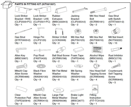 Hardware Fitting Kit inc. Gas Struts - Holden VE 3P Remote  Holden Commodore VE 2006-2013
