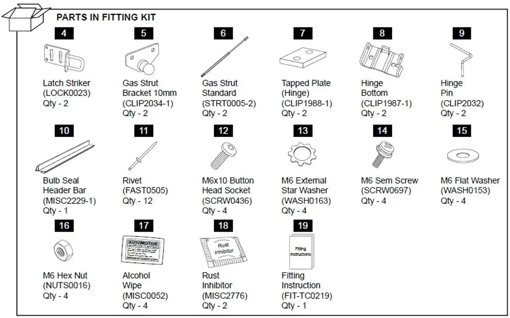 Hardware Fitting Kit inc. Gas Struts - Nissan Navara D40 2005-15 1P  Nissan Navara D40 2005-2014