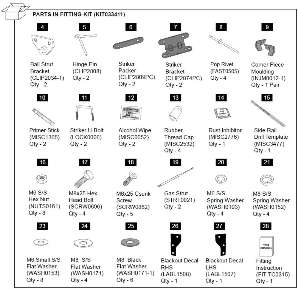 Hardware Fitting Kit inc. Gas Struts - Holden Colorado RG 1P 2012-  Holden Colorado RG 2012-2016