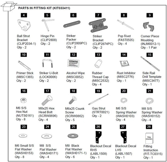 Hardware Fitting Kit inc. Gas Struts - Holden Colorado RG 1P 2012-  Holden Colorado RG 2012-2016