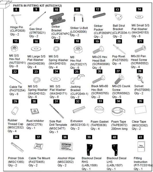 Hardware Fitting Kit inc. Gas Struts - Holden Colorado RG 3P 2012-  Holden Colorado RG 2012-2016