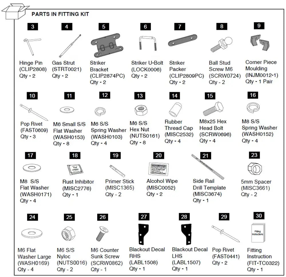 Hardware Fitting Kit inc. Gas Struts - Isuzu D-Max 1P 2012-20  Isuzu D-Max 2017-2019