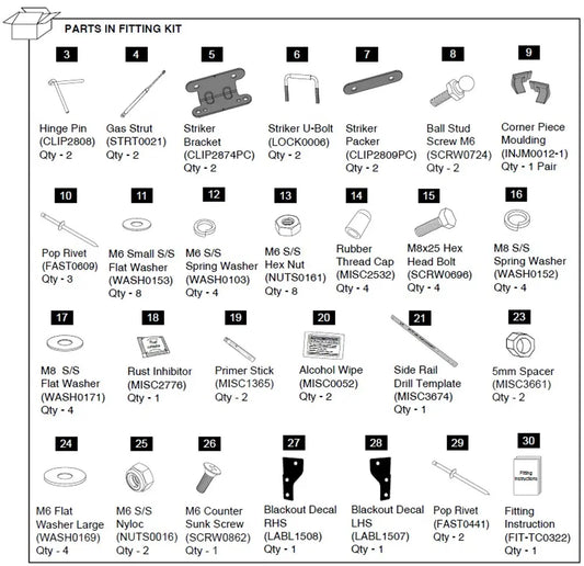Hardware Fitting Kit inc. Gas Struts - Isuzu D-Max 1P 2012-20  Isuzu D-Max 2017-2019
