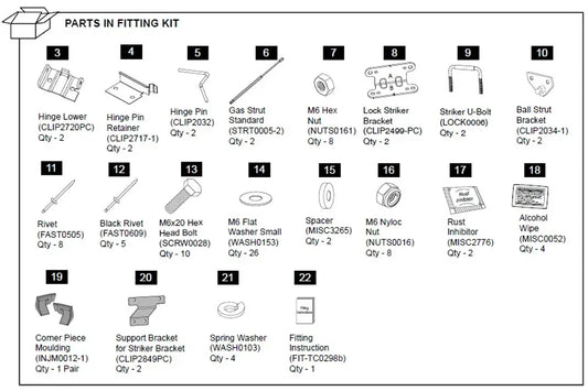 Hardware Fitting Kit inc. Gas Struts - Mazda BT50 1P 2011-20  Mazda BT-50 2011-2017