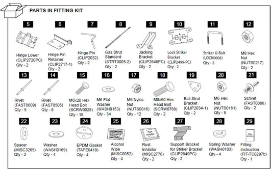 Hardware Fitting Kit inc. Gas Struts - Mazda BT50 3P 2011-20  Mazda BT-50 2011-2017