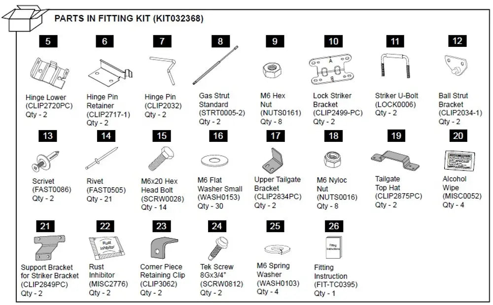 Hardware Fitting Kit inc. Gas Struts - Ford Ranger PX 1P 2011-22  Ford Ranger Raptor 2018-2022