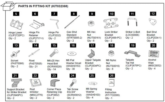 Hardware Fitting Kit inc. Gas Struts - Ford Ranger PX 1P 2011-22  Ford Ranger Raptor 2018-2022