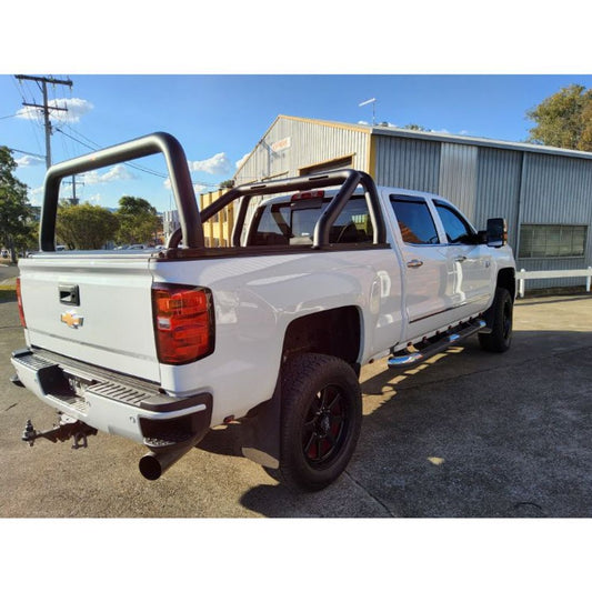 Custom 100mm Black finish Sportsbar with matching Rear Rack to suit Chevrolet Silverado