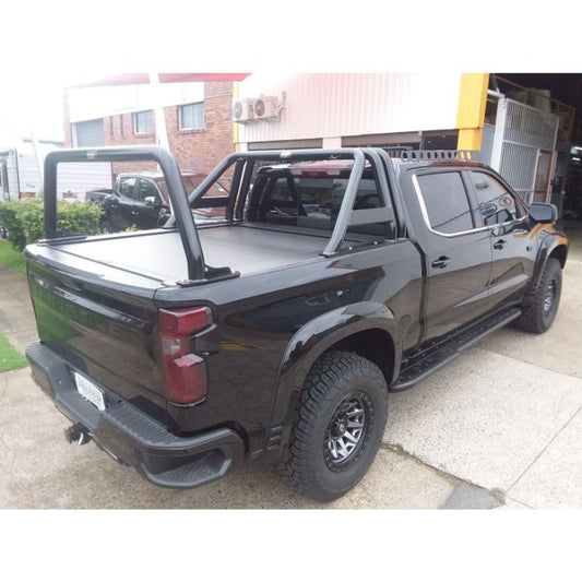 Custom 76mm Sartin Black finish 3 Piece Sportsbar with matching Rear Rack to suit Chevrolet Silverado