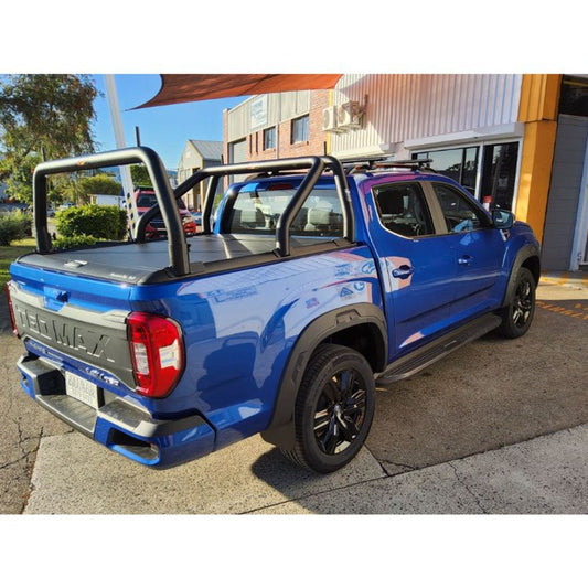 Pro Textured Black Alloy 76mm 2 Piece Sports bar with Rear Style Rack on 2023 LDV T60 with Mountain Top Shutter