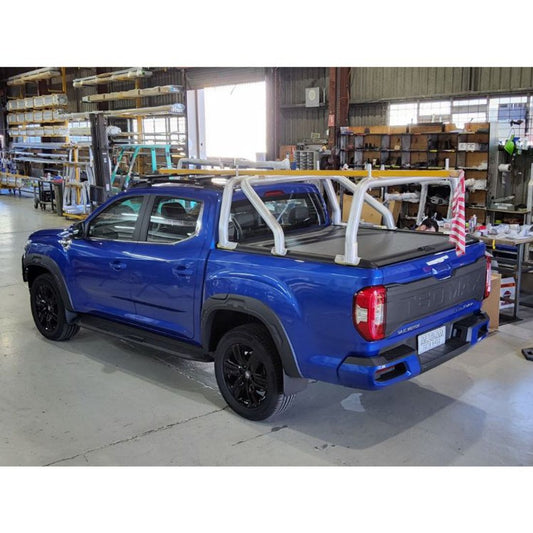 Satin Alloy 76mm 2 Piece Sports bar with Rear Style Rack on 2023 LDV T60 with Mountain Top Shutter