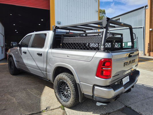 Textured Alloy Black 76mm Fixed Style Racks with welded Tie Downs, Grab Handles & Awning Brackets & Platform Rack to suit Ram