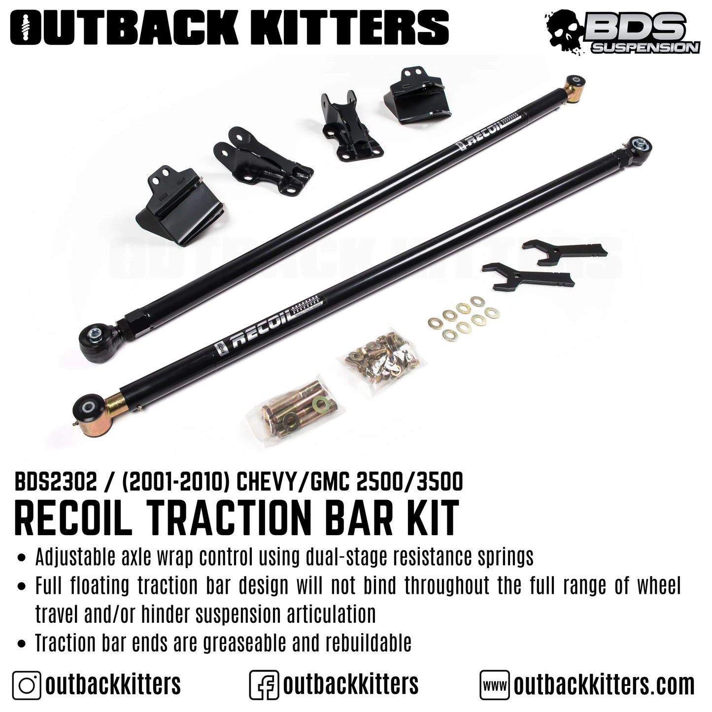 BDS Suspension 2001-2010 Chevy/GMC 2500/3500 HD Recoil Traction Bar Kit