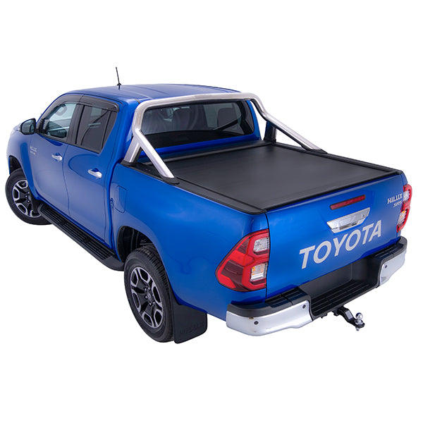 Blue Toyota Hilux SR5 with chrome roll top and roller cover closed angled studio image