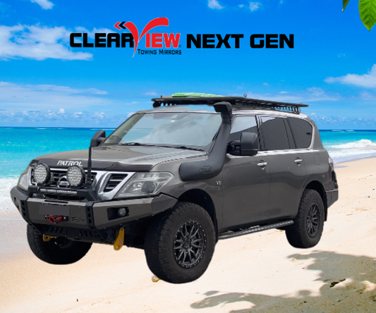 Clearview Next Gen towing mirrors for Nissan Patrol Y62 with fitted snorkel