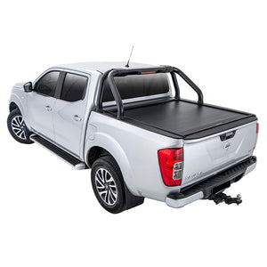 Nissan Navara 2015–2020 model fitted with roller shutter, offering secure tub coverage, weather resistance, and compatibility with racks and accessories.