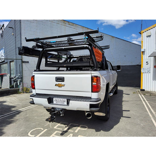 “Custom Made” Black 100mm Style Racks with Awning brackets, Spare Wheel Carrier, Maxtrax Mounts, Boat Loader Frame to suit Chev Silverado