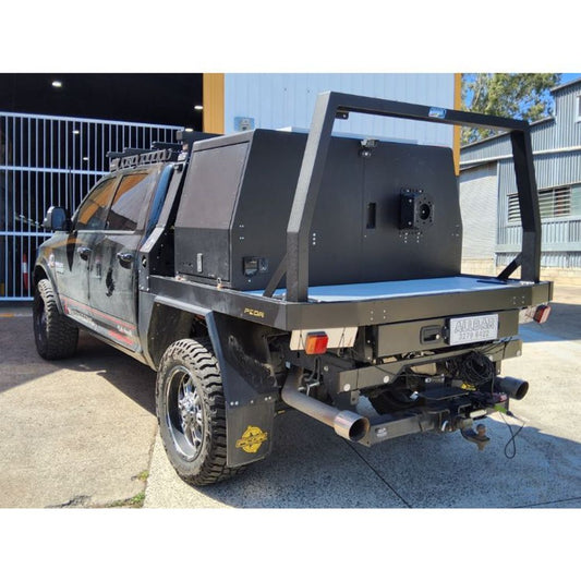 Heavy Duty Custom Rear Fixed Ladder Rack in 100x50 Box Alloy to suit Ram Trayback
