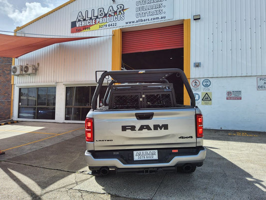 Textured Alloy Black 76mm Fixed Style Racks with welded Tie Downs, Grab Handles & Awning Brackets & Platform Rack to suit Ram